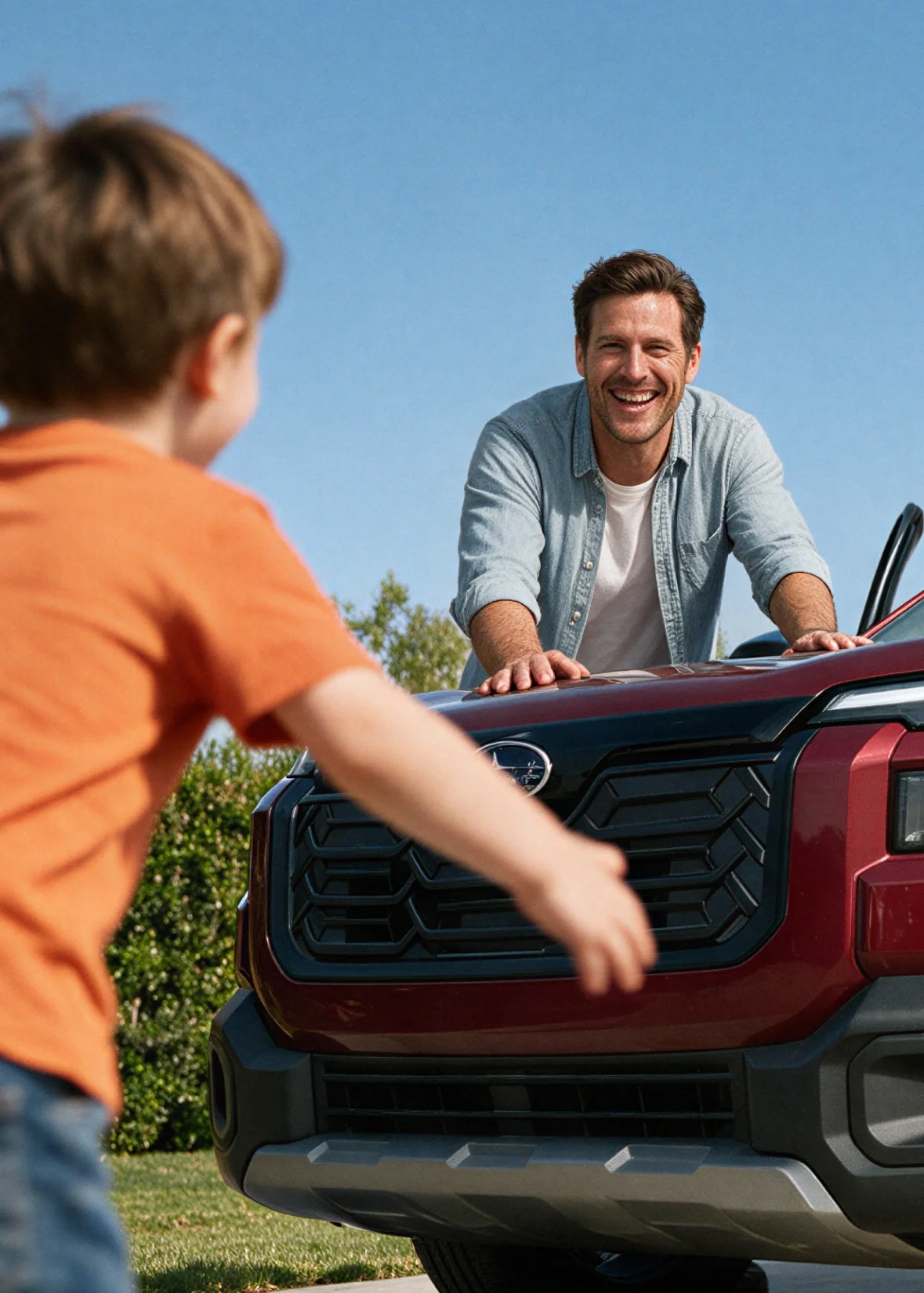 A family greeting their red SUV in the driveway
